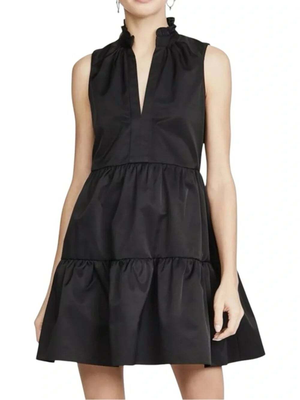 Amanda Uprichard Saffron Dress Womens XS Black Poplin Tiered Ruffle V Neck Mini